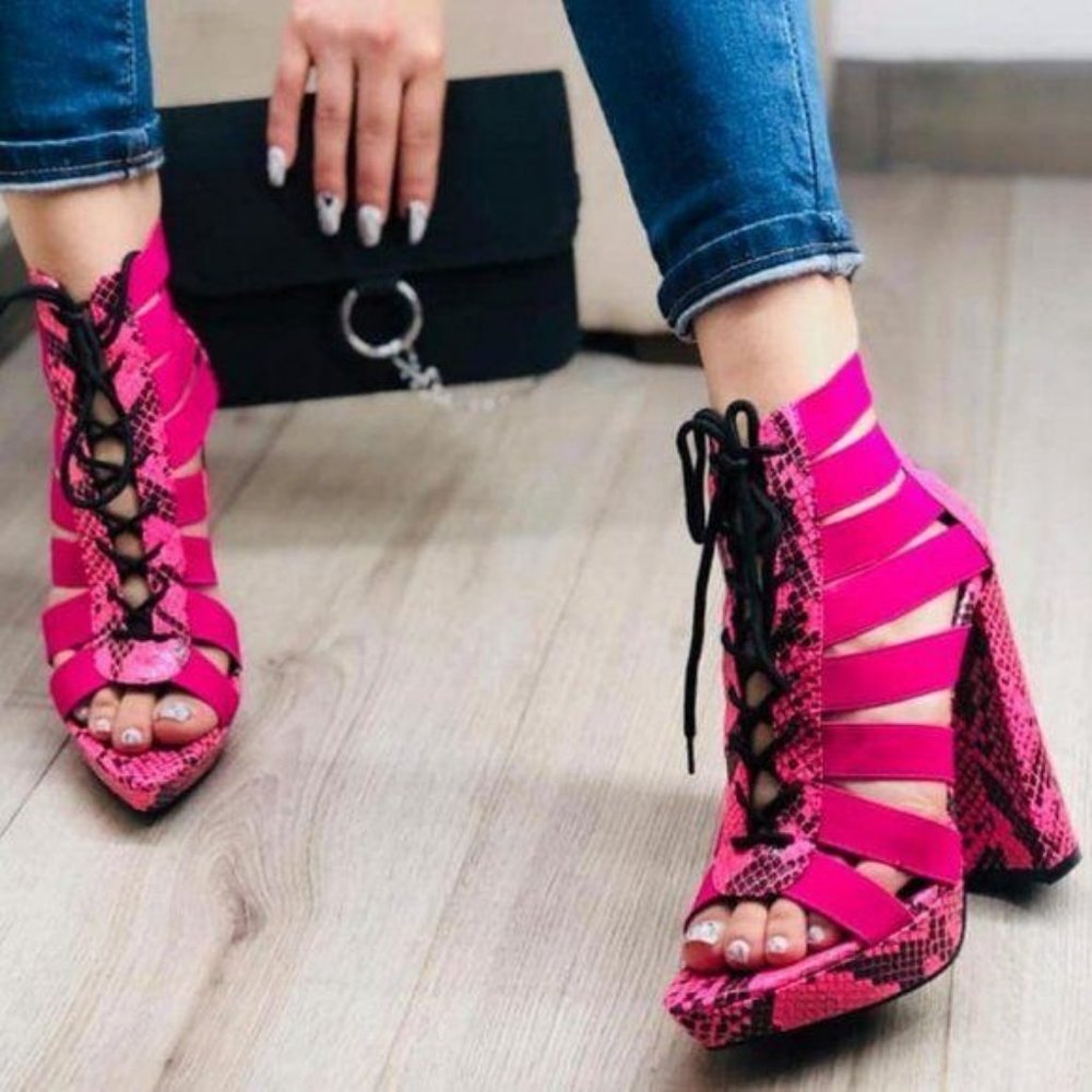 Pink Snakeskin Platform Lace Up Heels